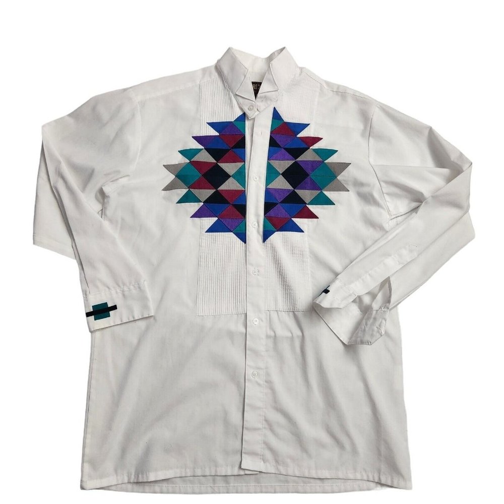 Perruzo Uomo Southwestern Tuxedo Shirt White Long Sleeve Small  14-14.5